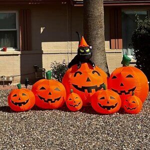 7 FT 7 Pumpkins with Witch's Cat Halloween Inflatable Decorations with LED Light